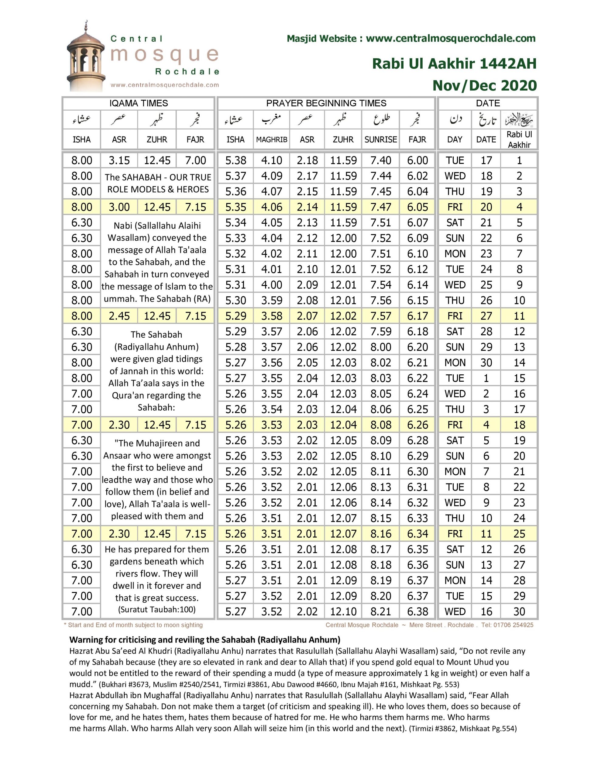 Rabi Ul Aakhir 1442AH – Nov/Dec 2020