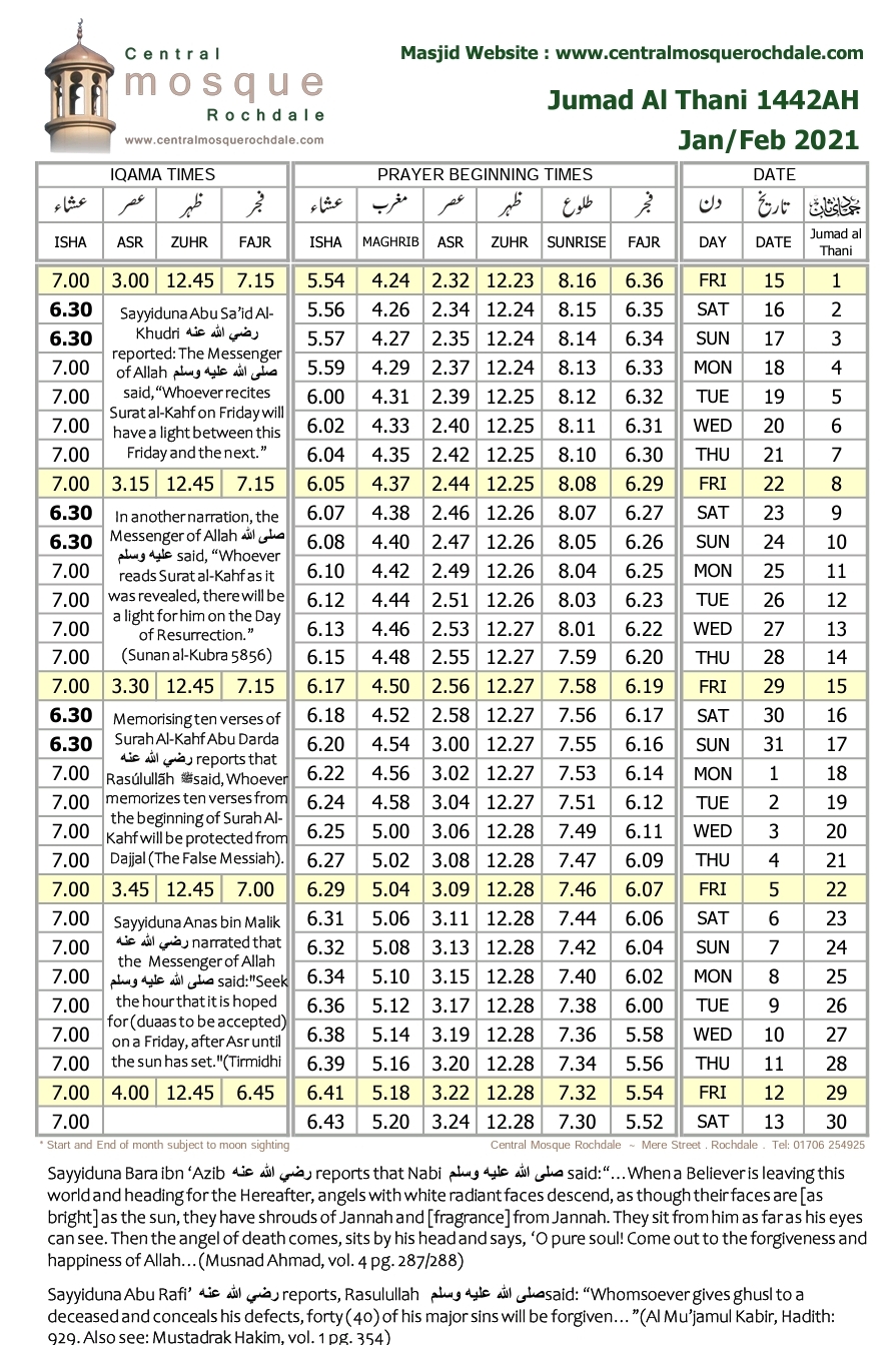 february namaz timetable